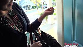 Busty coed Victoria sucks cock then gets doggystyle banged