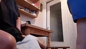 Girlfriend Sneakily Licks Housekeeper's Pussy Under Kitchen Table During Dishes