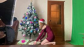 stacy teases while decorating the tree in sheer black pantyhose