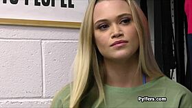 Blonde bikini thief sucks officer's cock after striptease.