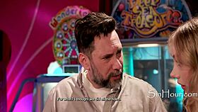 Sky pierce seizes empty arcade for blonde outdoor public thrill