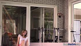 Isn't petite brunette teen Candice too sexy during her glasses workout blowjob?