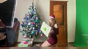 stacy teases while decorating the tree in sheer black pantyhose