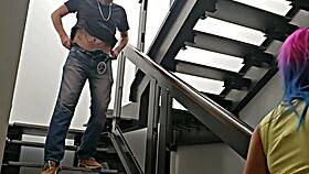 Latina neighbor quickie on stairs nearly caught outdoors