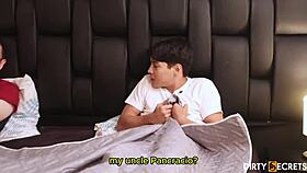 Redhead petite pussy fingered then fucked beside sleeping man