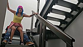 Latina neighbor quickie on stairs nearly caught outdoors