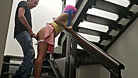 Latina neighbor quickie on stairs nearly caught outdoors