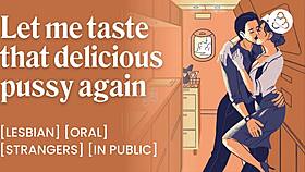 desperate lesbian licks soaking pussy on risky public flight!