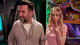 Sky pierce seizes empty arcade for blonde outdoor public thrill