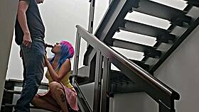 Latina neighbor quickie on stairs nearly caught outdoors