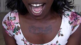 😍 Cute ebony teen gives sloppy deepthroat on big black cock then messy facial on glasses!