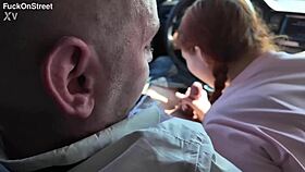 Petite redhead's first public anal ride in taxi gets rough and gaping