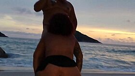 Hotwife moans loud getting fucked by muscular stud's monster cock creampie on beach ripping clothes off.