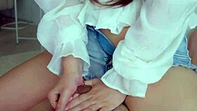 japanese woman teases hairy pussy rub before deep insertion