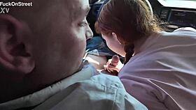 Petite redhead's first public anal ride in taxi gets rough and gaping