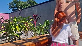 fucking this innocent redhead's tight pussy bent over in the garden feels so naughty