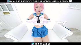 Skinny Japanese Yume Hanaoka toys her shaved pussy on bed VR 😏