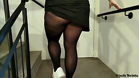 Big titted amateur flashes see-through pants on public stairs