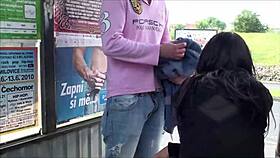 busty babe gets pounded in public gangbang threesome by highway