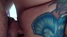 he thrusts cock deep into tattooed butterfly pussy