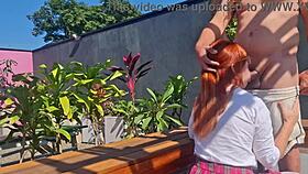 fucking this innocent redhead's tight pussy bent over in the garden feels so naughty