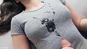 Girlfriend's Tight Pussy Leads to Explosive Cumshot on New Gray T-Shirt