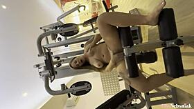 Peituda loira starts gym workout masturbating then sucks hubby's cock