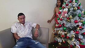 Busty curvy babe catches him stroking, joins wild Christmas fuck