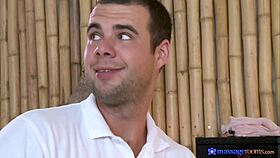 Unexpected Ffm Threesome Trainee Petite Blonde Cowgirl Sauna Ride