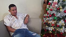 Busty curvy babe catches him stroking, joins wild Christmas fuck