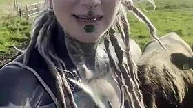 Happy Hippie Country Girl Chats With Cows