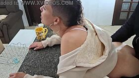 Mature slave bent over kitchen for daddy doggystyle pussy licking cum