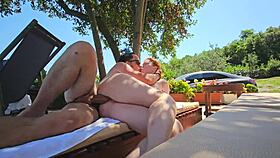 couple sneaks passionate creampie fuck by the pool