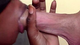 Ebony beauty gulps interracial cum straight down her throat after blowjob