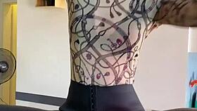 sophie van loo in grey leggings string body high heels ignites kitchen counter glamour sex