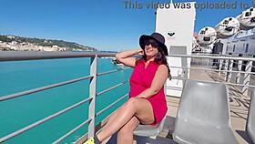 busty brunette milf flashes big tits and pussy publicly reliving beach vacation thrills