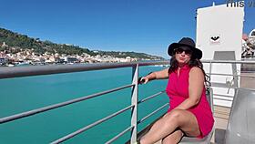 busty brunette milf flashes big tits and pussy publicly reliving beach vacation thrills