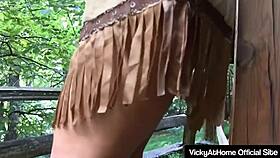 Vicky vette rubs wet pussy lips in sexy outdoor costume tease