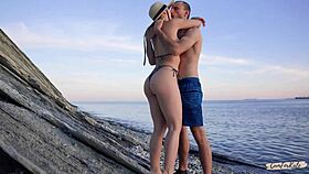 a young couple breaks barriers with passionate public beach sex and rough fucking