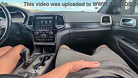 Girlfriend delivers messy handjob huge cumshot during car drive