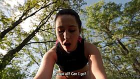 so this peeping perv gets caught by the yoga girl next door and she fucks him raw in the woods