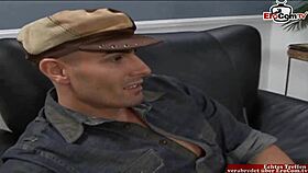 Skinny blonde with fake big tits rides monster cock right in front of watching cuckold