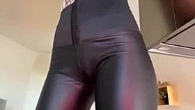 sophie van loo in grey leggings string body high heels ignites kitchen counter glamour sex