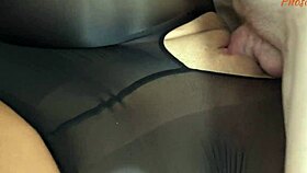 Mia Piper rides cock in glossy black pantyhose, bent over bedroom bed