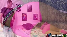 Blonde teen catches brazilian guy masturbating on her bed