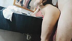 hot latina babe bent over fucked doggystyle in bathroom while doing makeup