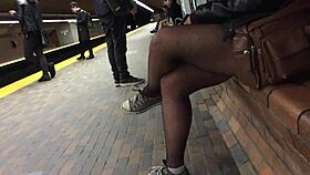sexy pantyhose legs flash nylon stockings on public street tease