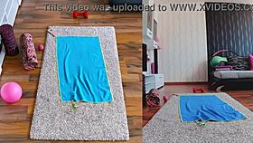 Curvy milfs double the fun spreading big asses in steamy naked yoga workout session