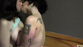 busty lesbian babes hit the bathroom craving pussy then grab a dildo