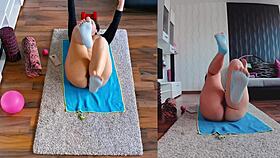 Curvy milfs double the fun spreading big asses in steamy naked yoga workout session